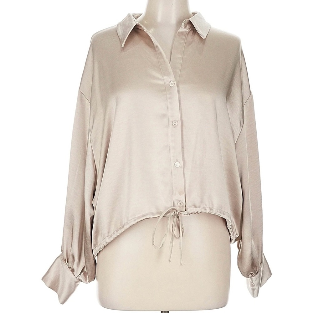Drew Light Cream Button-Down Drawstring Hem Shirt - image 1